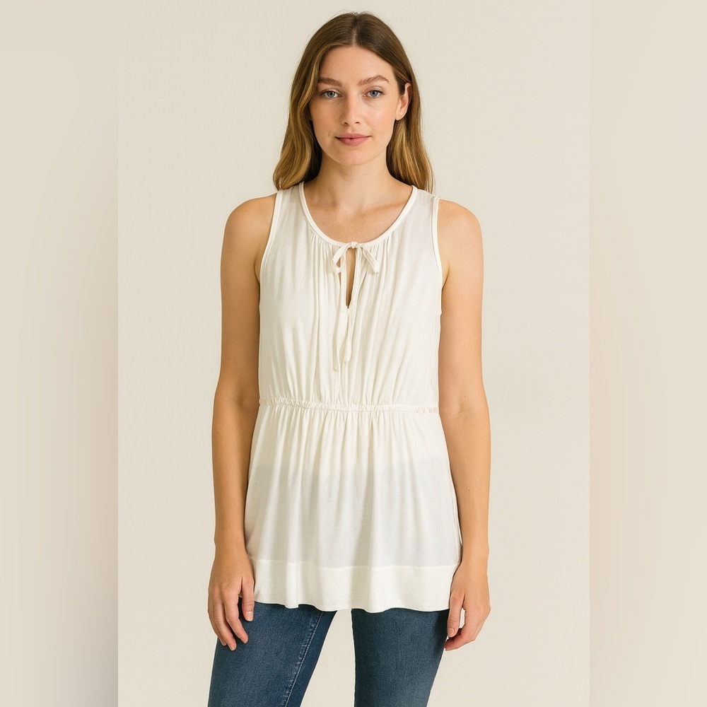 American Eagle Women’s White Sleeveless Tunic Top/tie front & Cinched Waist
